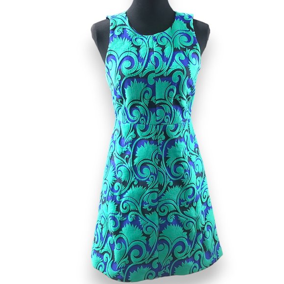J Crew Green Blue Black A-Line Sleeveless Sheath Dress Vinyard Jacquard … - Picture 1 of 10